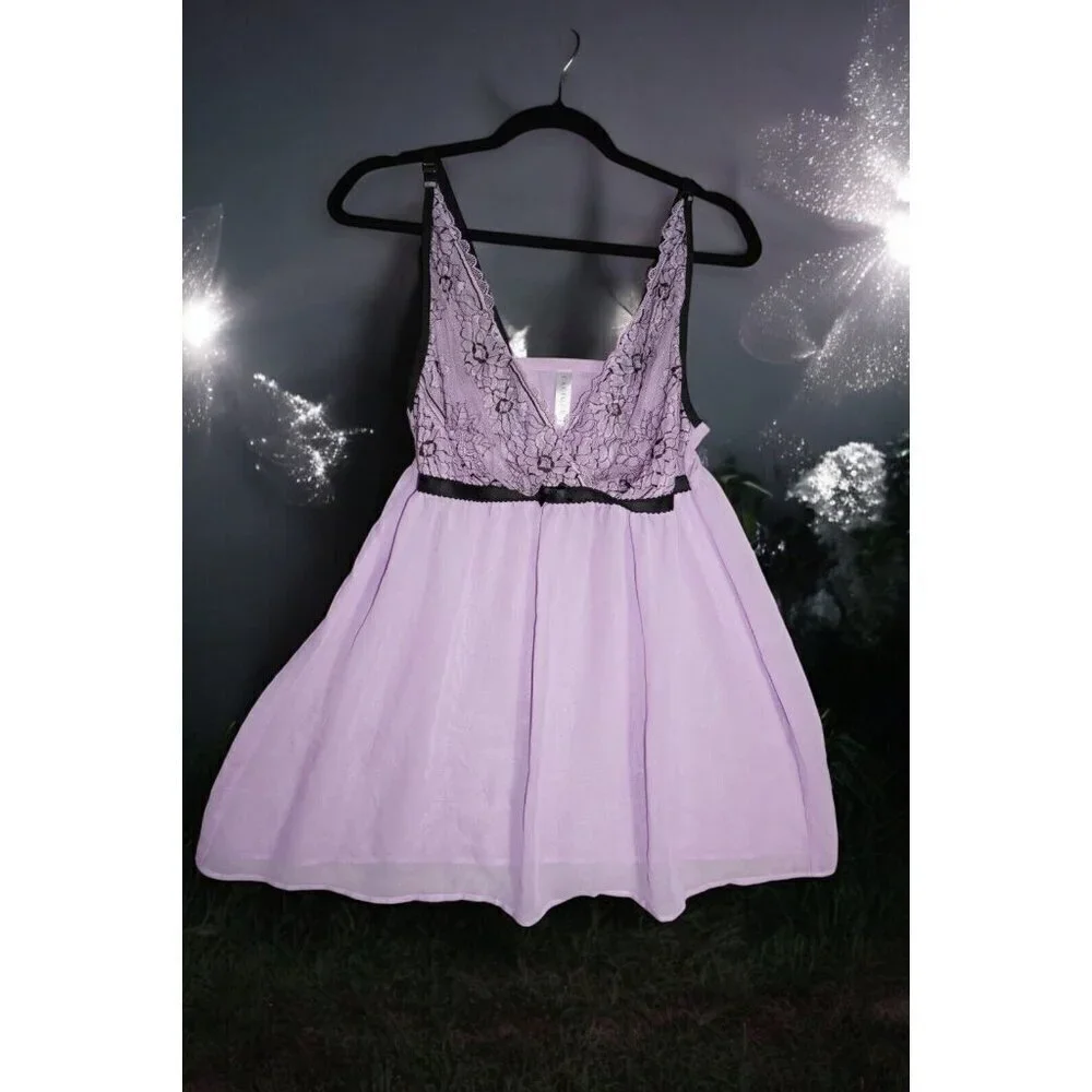 Purple Lace Babydoll Slip Dress - Fairycore Cottagecore Y2K Lingerie - 14/16